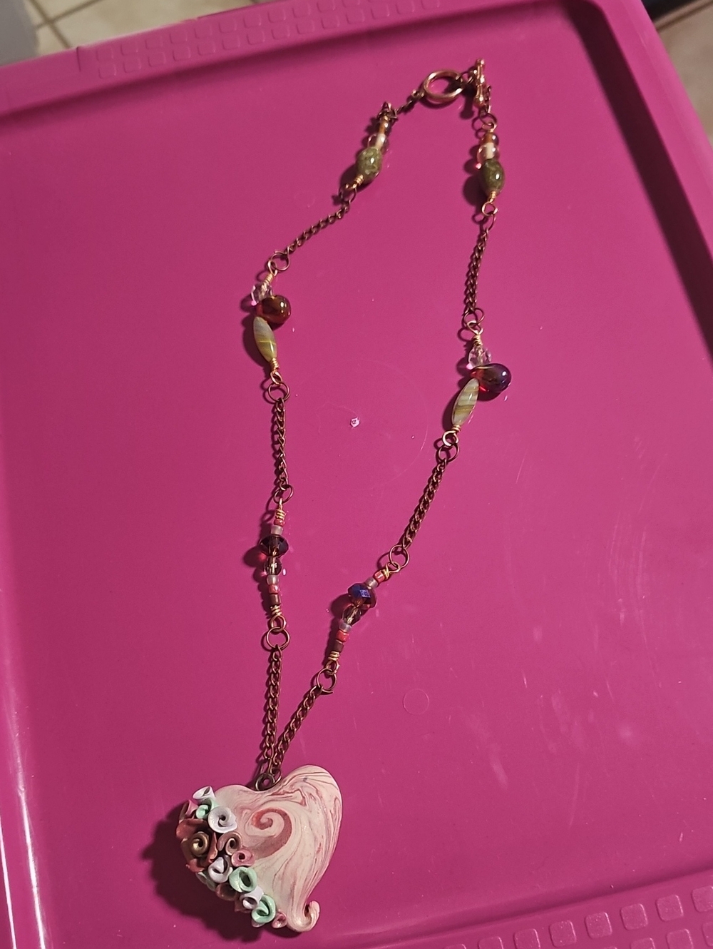 Handcrafted Pink Heart Pendant Necklace with Floral Accents